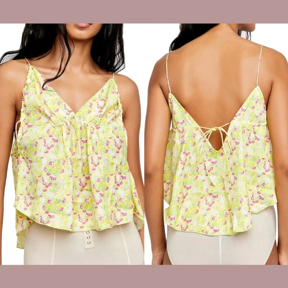 NWT $58 Free People [ Small ] Gardenia Printed Camisole in Lemon Floral‎